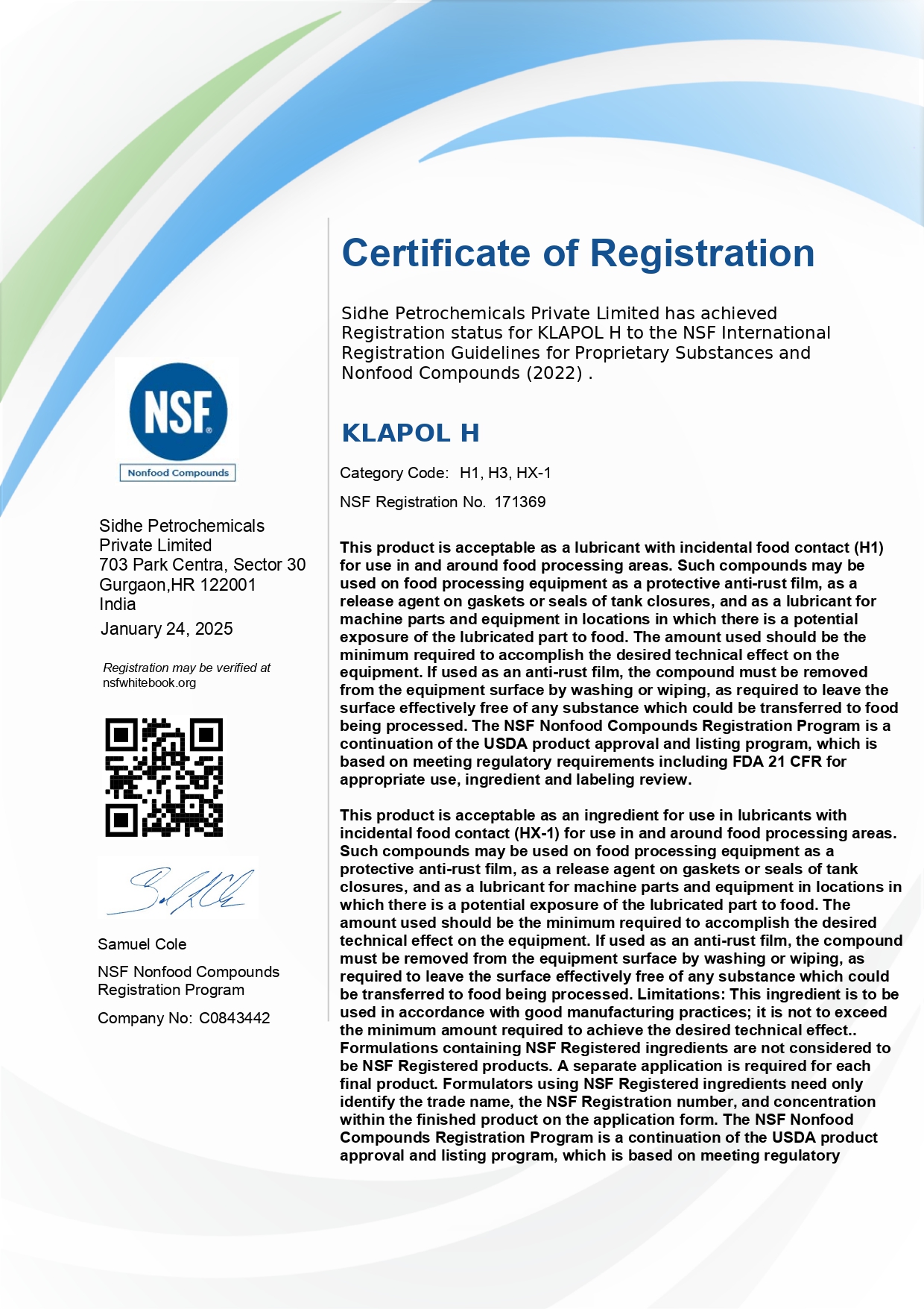 NSF Certificate for KLAPOL